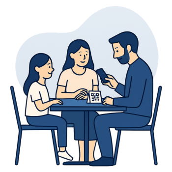 Family scanning QR code at table